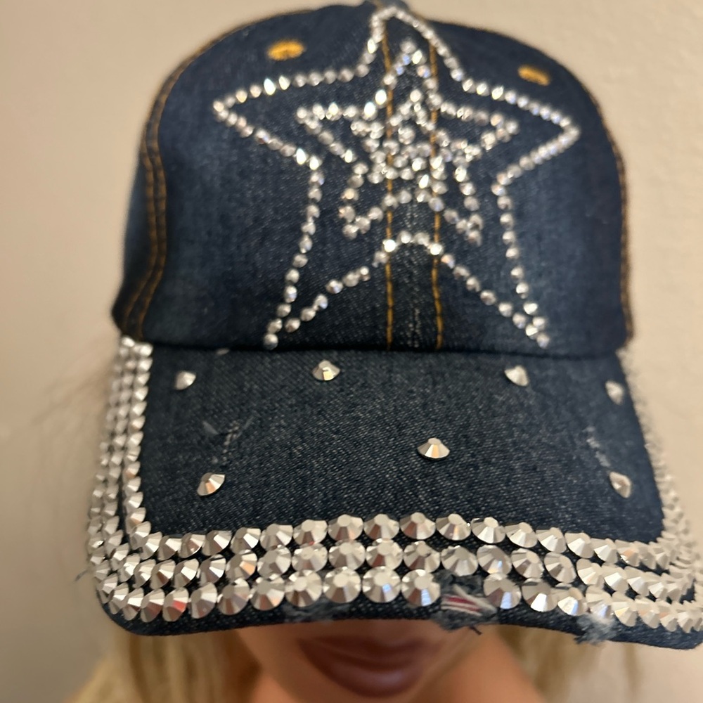 Distressed denim cap with embellishments brand new